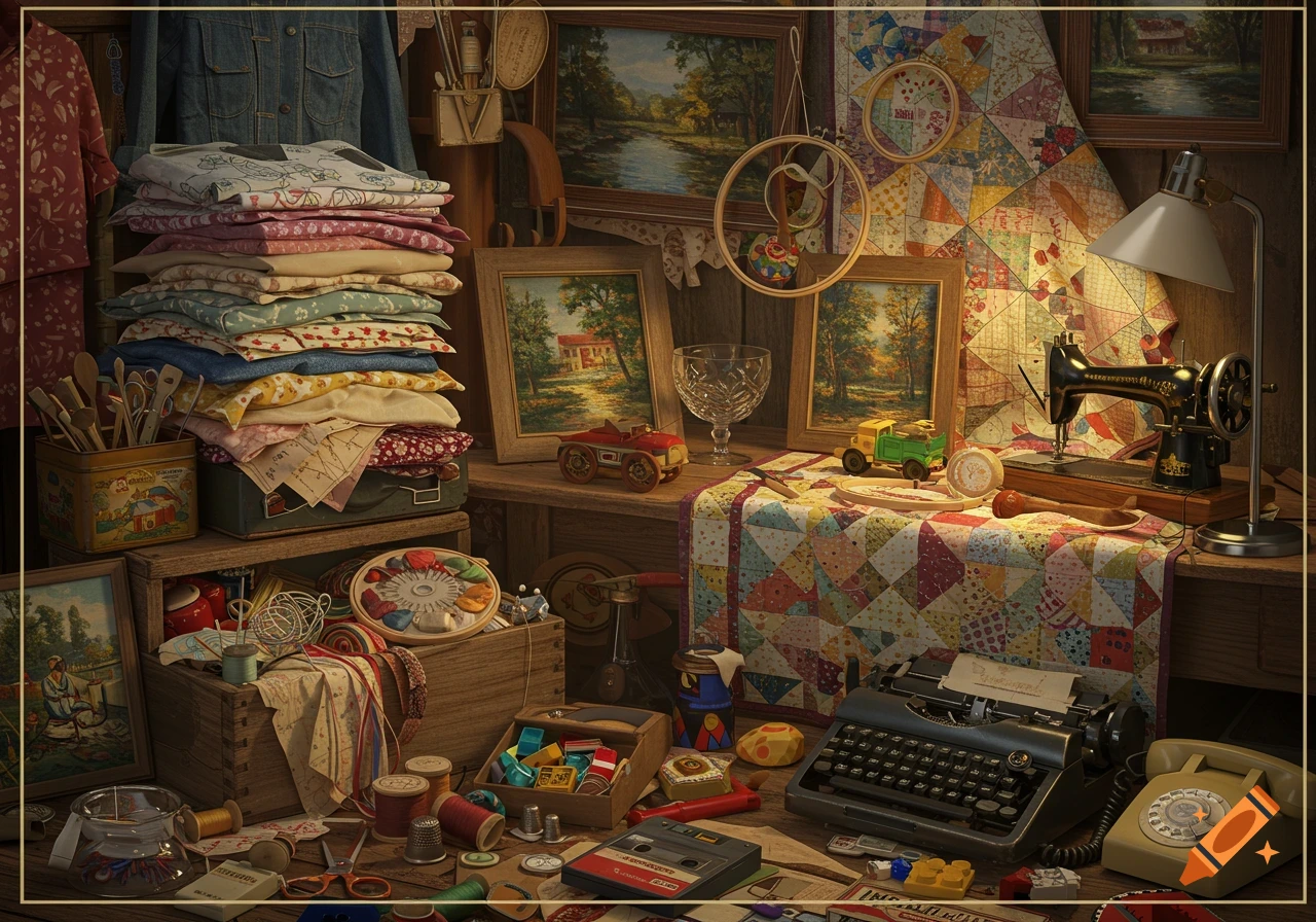 A cluttered, photorealistic still life of vintage crafting and household items, including a sewing machine, typewriter, quilts, and antique toys.