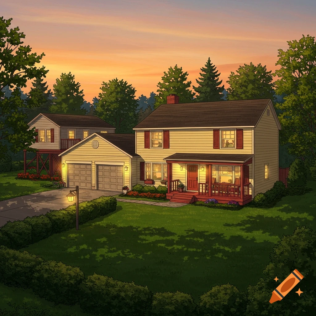 Illustrated suburban house with yellow siding, red shutters, and two garages, surrounded by trees and a lawn at sunset.