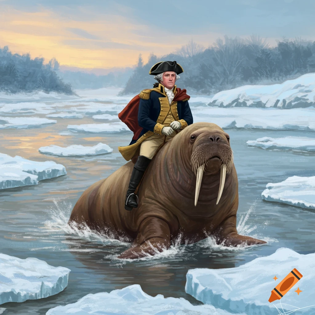 George Washington in military attire rides a large walrus through an icy river with floating ice floes at sunset.