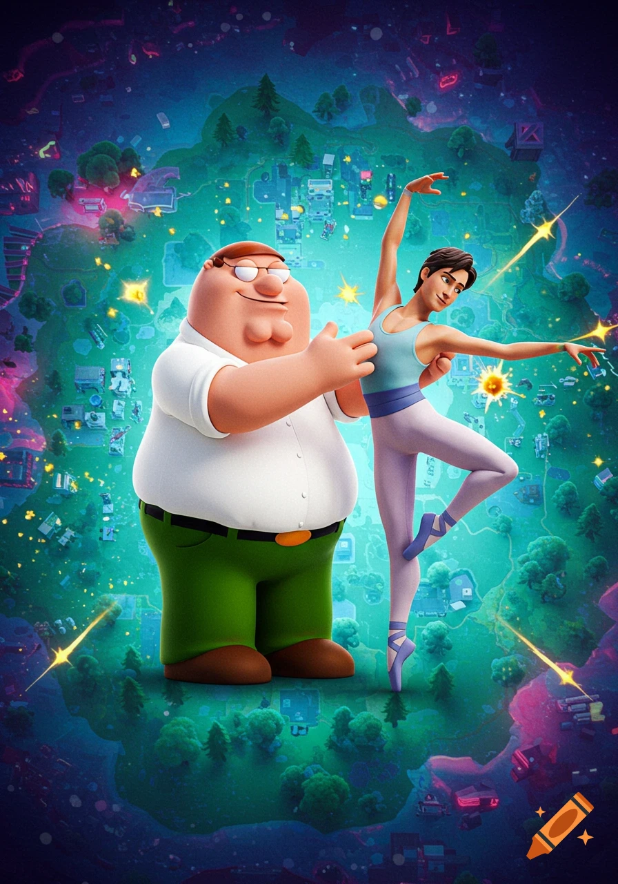 Peter Griffin stands next to a male ballet dancer in a vibrant, stylized Fortnite-like world.
