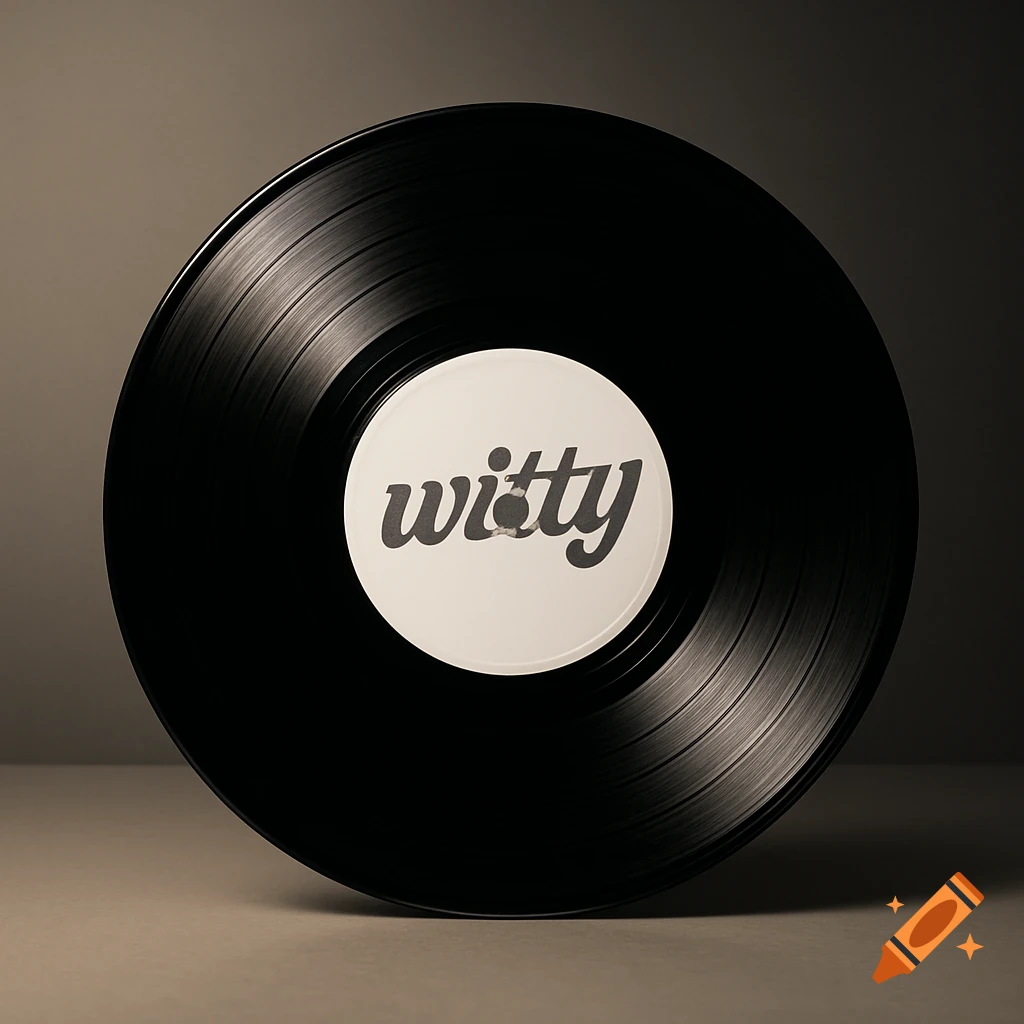A black vinyl record with a white label featuring 'witty' in black text, standing upright in a photorealistic style.
