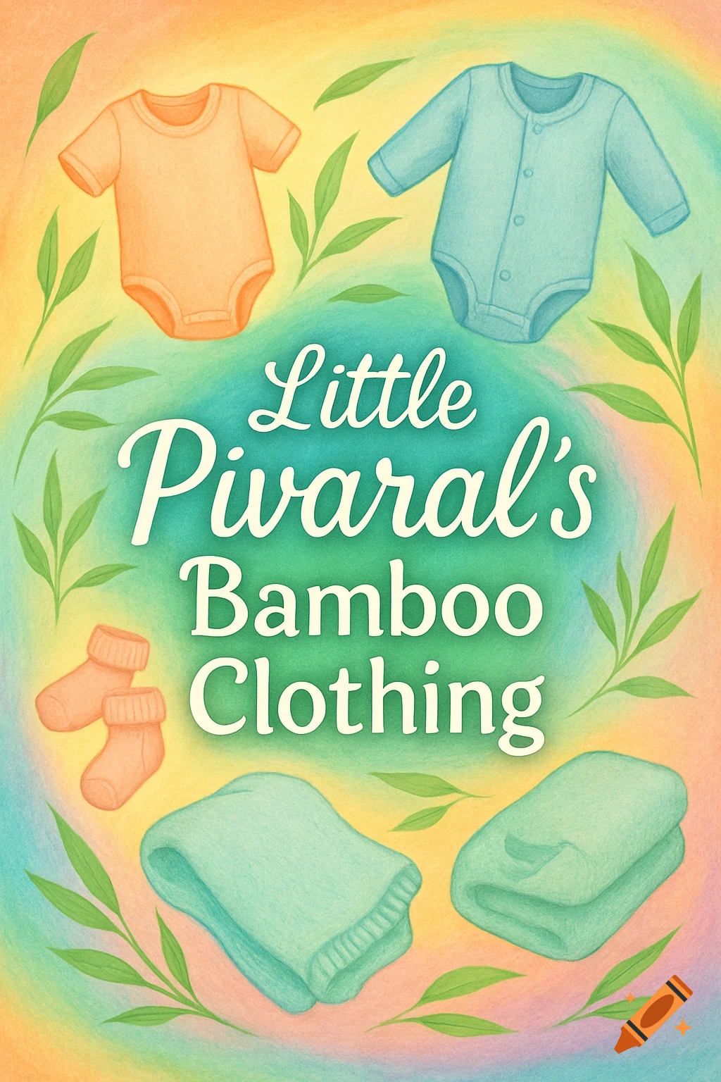 A colorful illustration featuring an orange and a blue baby onesie, two orange baby socks, and two folded teal cloths, surrounded by green bamboo leaves. The text 'Little Pivaral's Bamboo Clothing' is in the center.