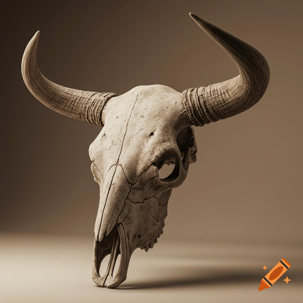 Photorealistic 3D model of a weathered bull skull with large, textured horns, casting a shadow on a sepia-toned background.