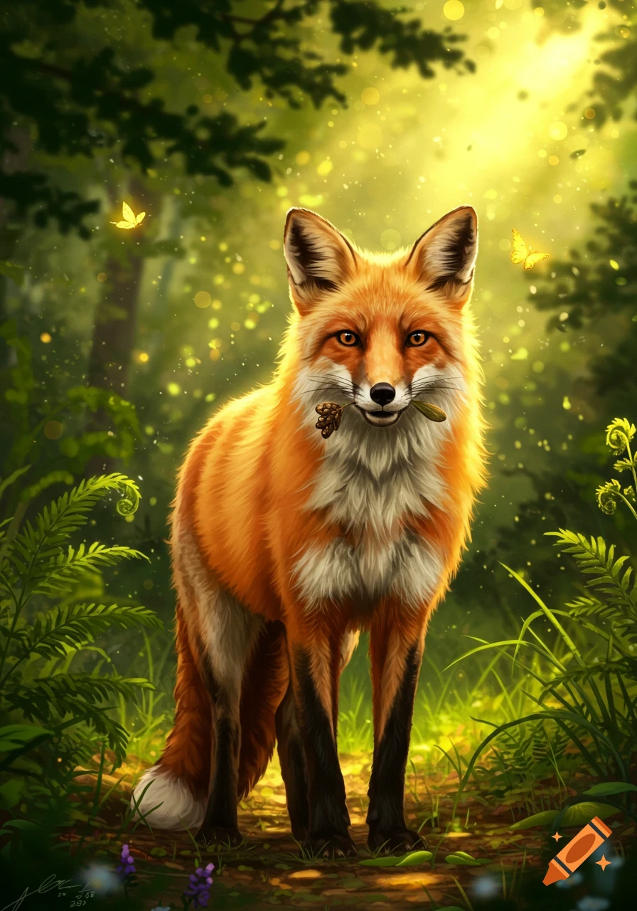 A vibrant red fox with a seed in its mouth stands in a magical sun-dappled forest with glowing particles and butterflies.