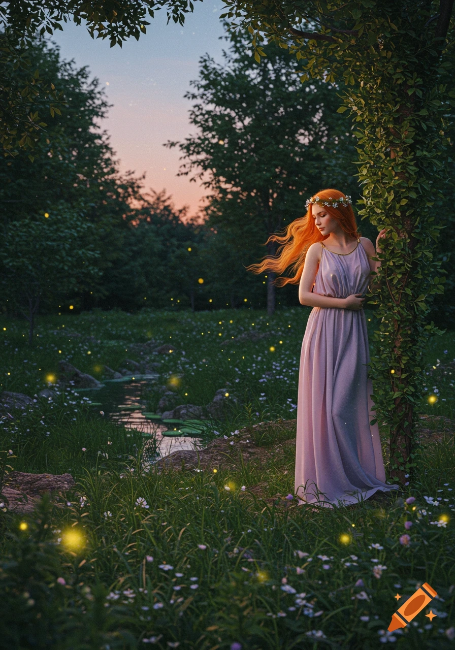 A woman with long red hair and a floral crown stands in a magical forest with fireflies at dusk. Photorealistic style.