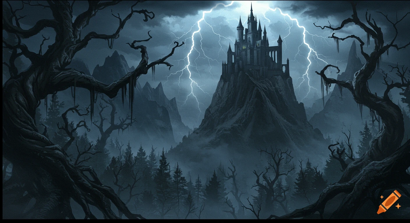 A dark, gothic castle on a misty mountain, surrounded by gnarled trees, with lightning striking against a stormy sky.
