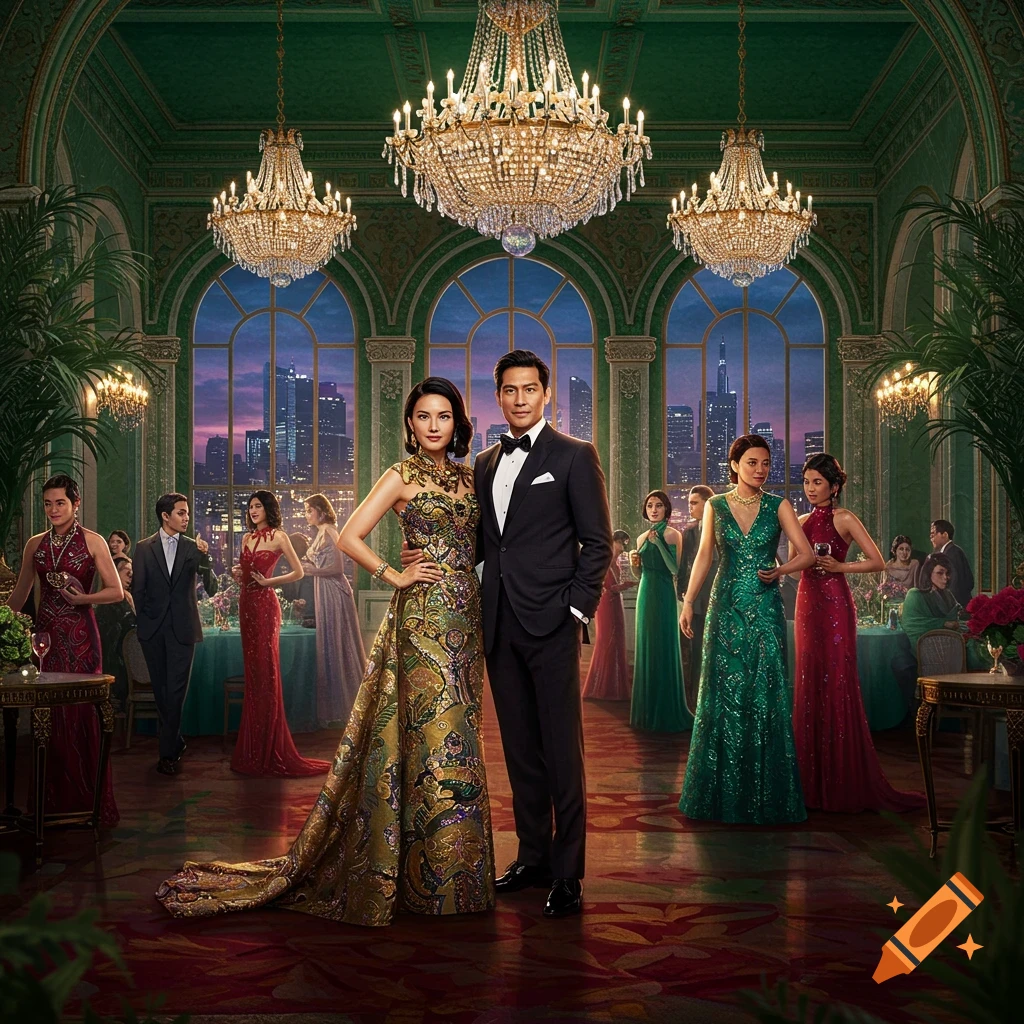 A man and woman in elaborate formal wear stand prominently at a luxurious, green-walled ballroom event with chandeliers and city views. Other guests mingle.