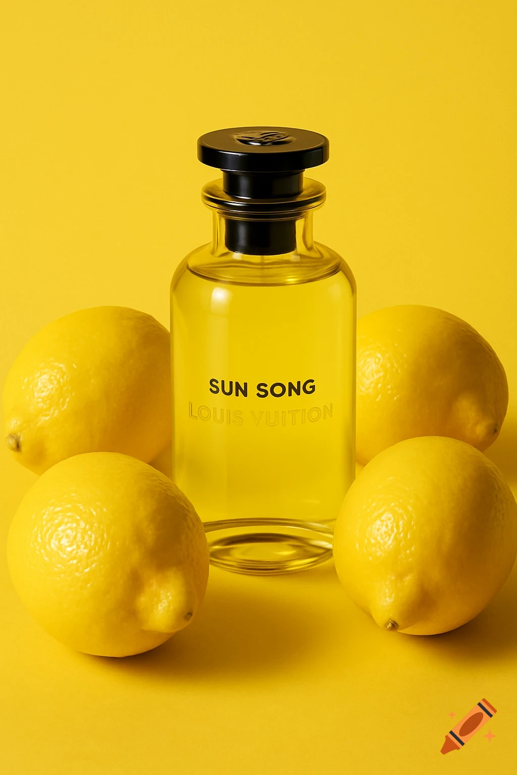 Louis Vuitton Sun Song perfume bottle with lemons on a yellow background, in a high-end studio photography style.