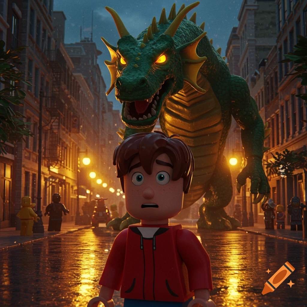 A scared Lego-style boy stands on a wet city street at night with a large, glowing-eyed green dragon roaring behind him.