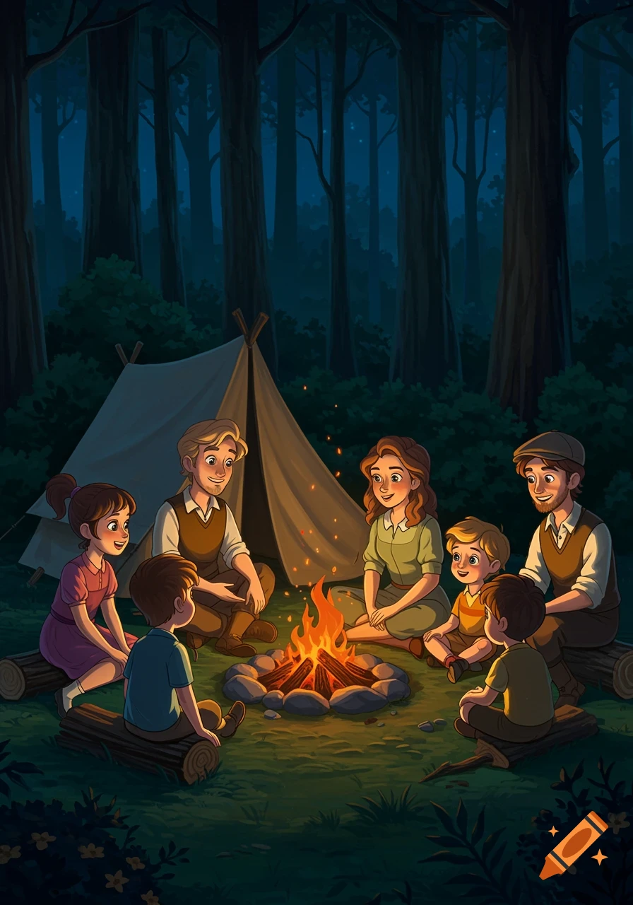 A stylized Disney-like illustration of a family gathered around a campfire outside a tent in a dark forest at night.