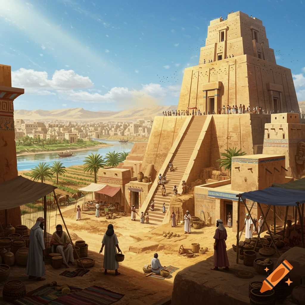 Grand illustration of an ancient Mesopotamian city with a large ziggurat, river, and bustling market under a clear sky.