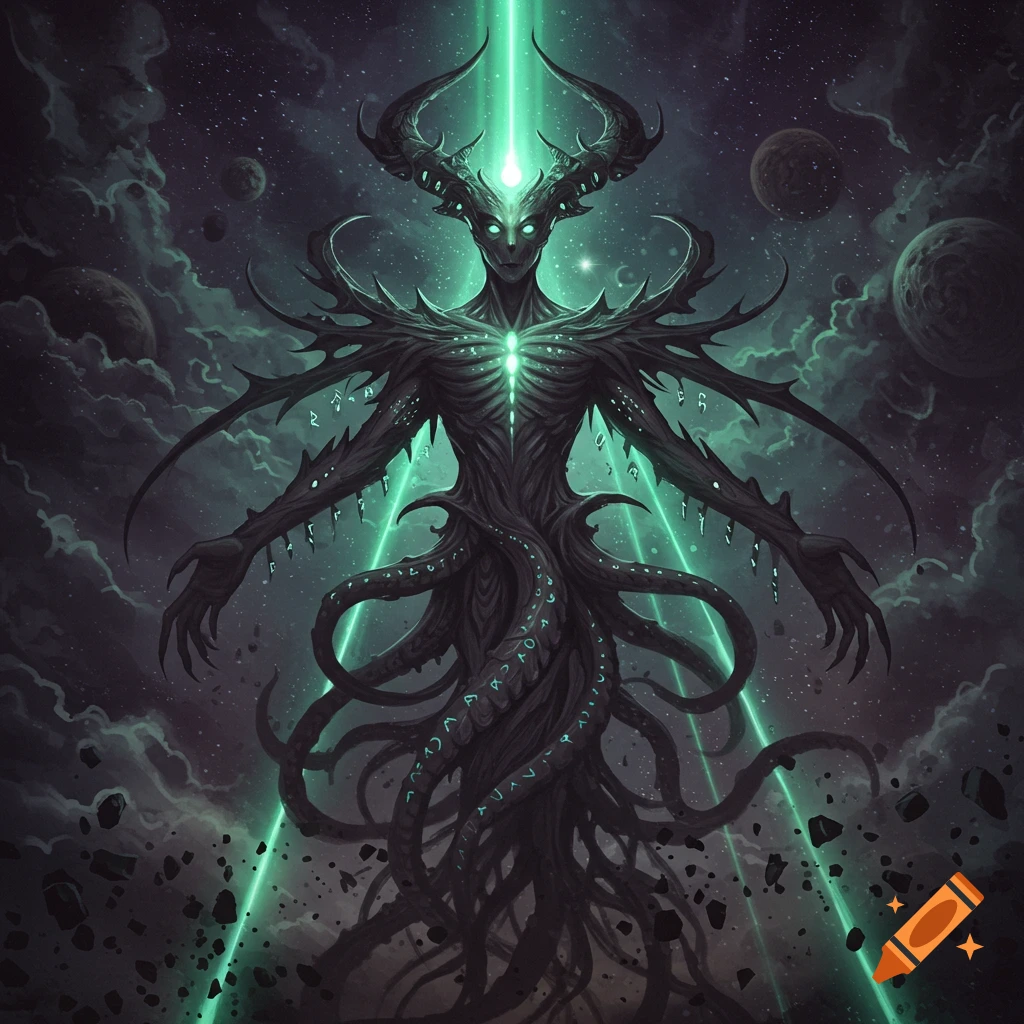 A dark, horned, tentacled eldritch god with glowing green features stands in a cosmic void with planets and nebula.