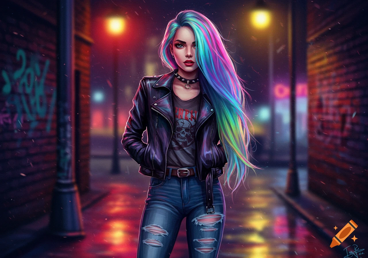 Digital art of a punk woman with rainbow hair, a leather jacket, and ripped jeans, in a rainy city alley.