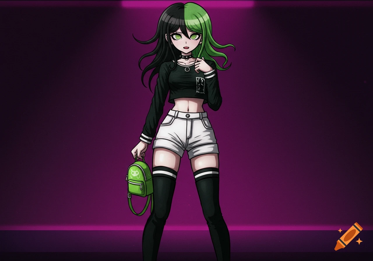 Anime girl with split black and neon green hair, black crop top, white shorts, and a green backpack in Danganronpa style.