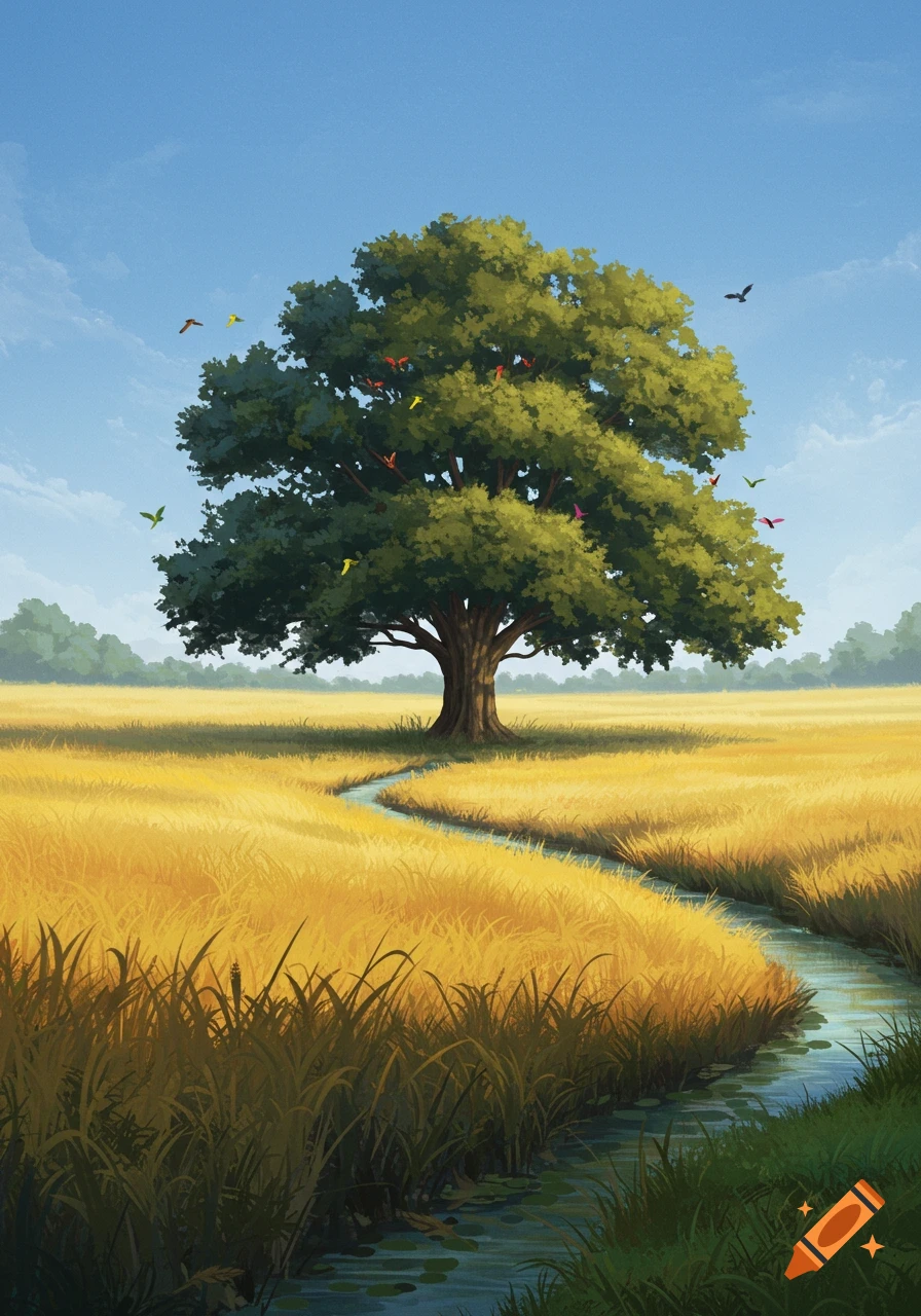 A vibrant illustration of a large green tree in a golden field with a winding stream and birds against a blue sky.