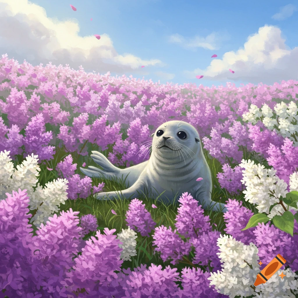 A cute grey seal pup lies in a vibrant field of purple and white lilac flowers under a blue sky, in an illustrated style.