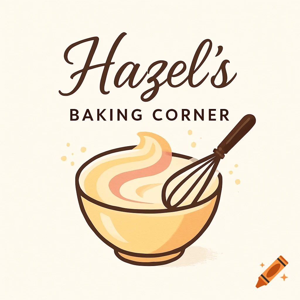 A logo for Hazel's Baking Corner, featuring a bowl of batter and a whisk in an illustration style.