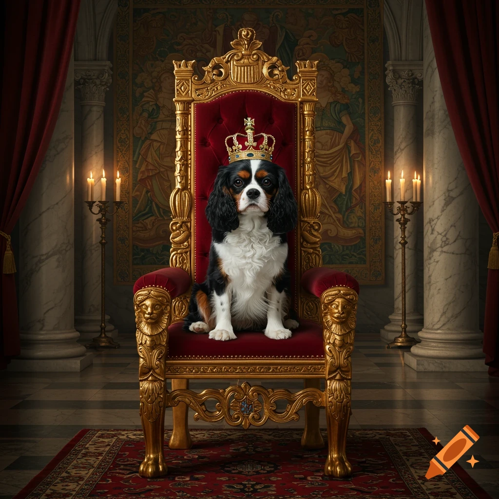 A tricolor King Charles Spaniel dog sits on an ornate golden and red velvet throne in a lavish royal chamber.