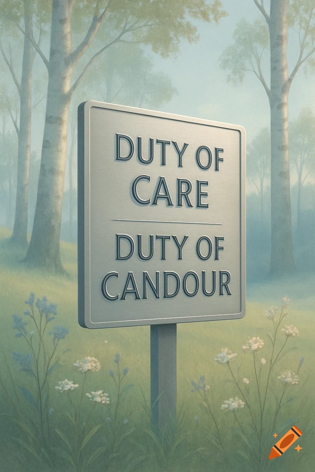 A soft, painterly image of a silver sign reading "DUTY OF CARE" and "DUTY OF CANDOUR" standing in a misty forest with wildflowers.