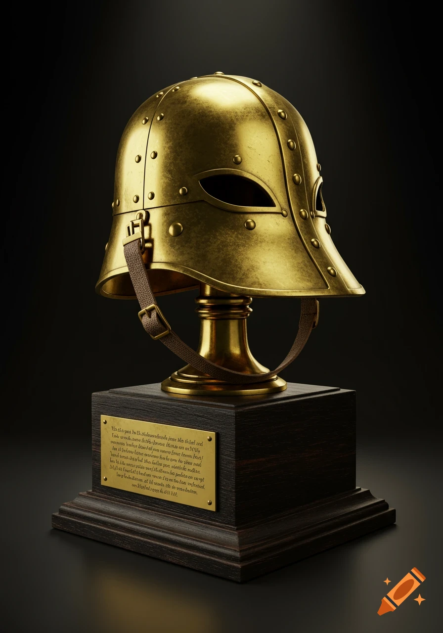 A gleaming gold helmet, styled as a trophy, rests on a dark wooden base with an illegible golden plaque, against a black background.