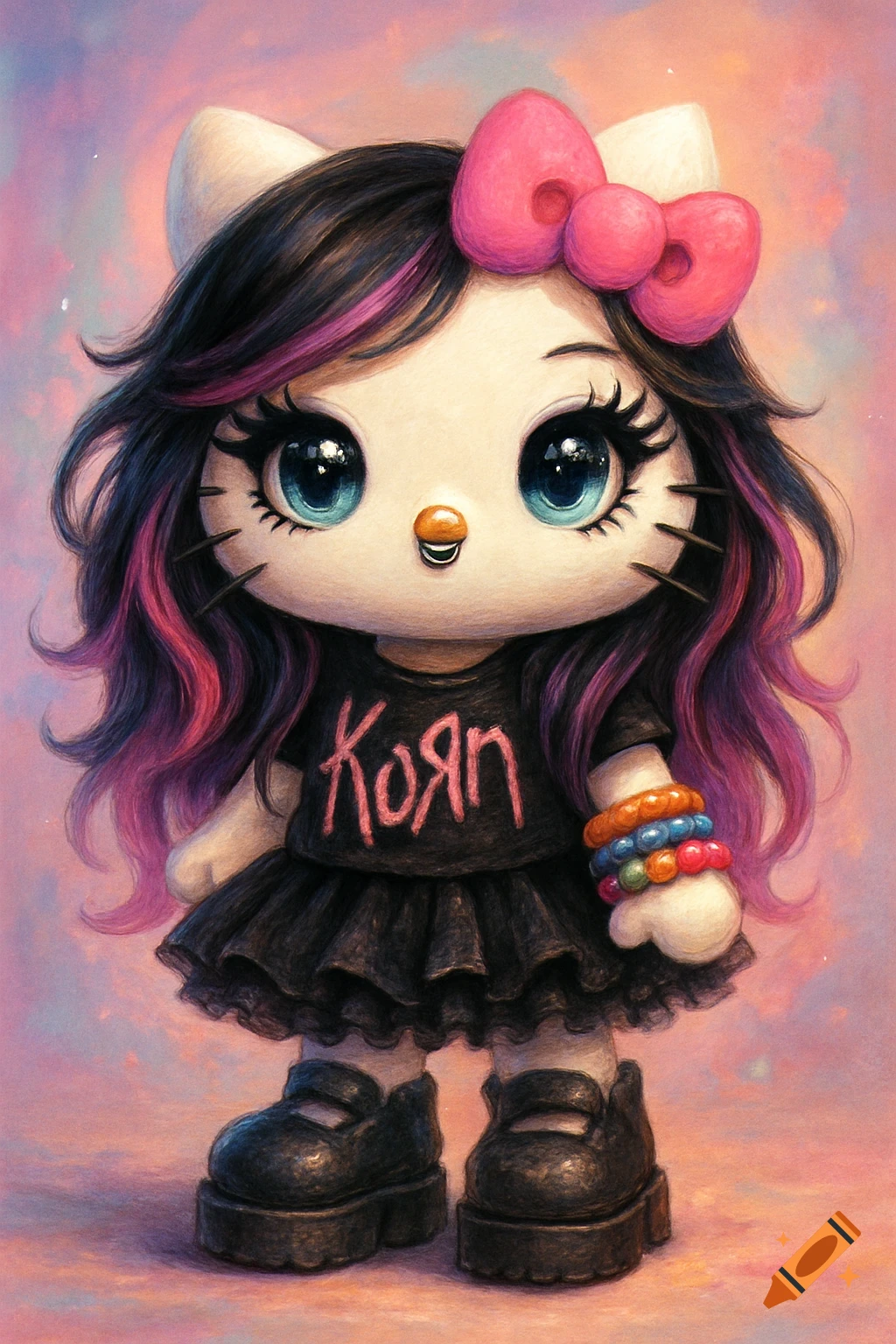 Hello Kitty character with emo black and pink hair, septum piercing, black tutu, Korn t-shirt, platform shoes, and colorful bracelets.