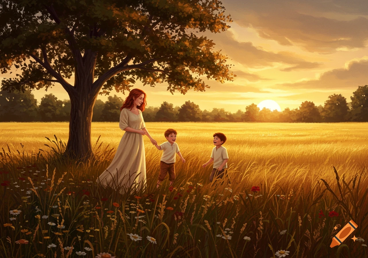 Illustrated painting of a woman and two young boys walking through a golden field with wildflowers at sunset.