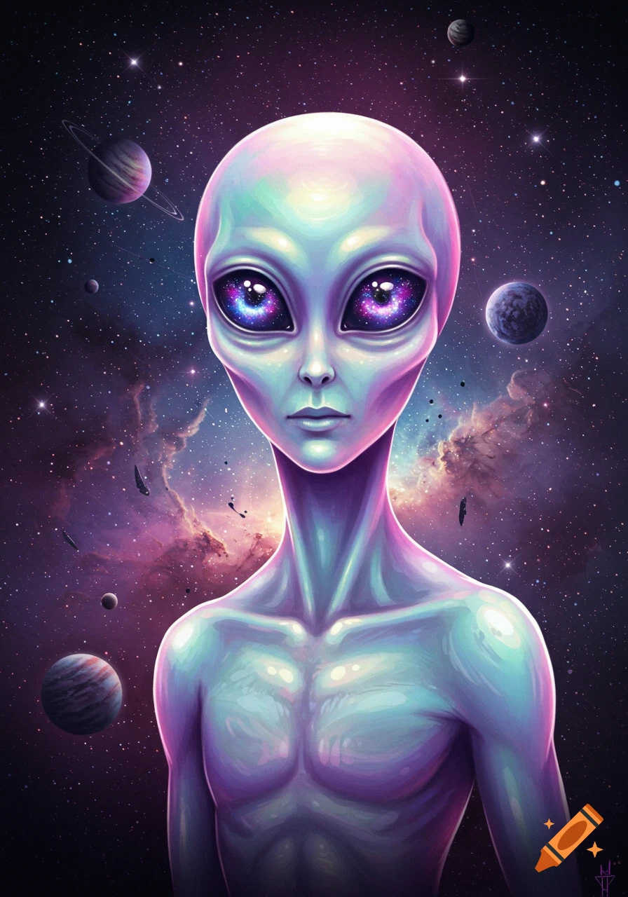 Vibrant, iridescent alien with large, sparkling cosmic eyes against a backdrop of stars, nebulae, and planets in space. Digital art.