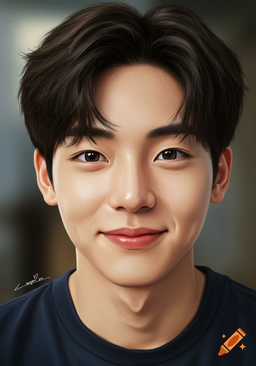 Close-up digital painting of a smiling young man with dark hair and brown eyes, wearing a dark t-shirt.