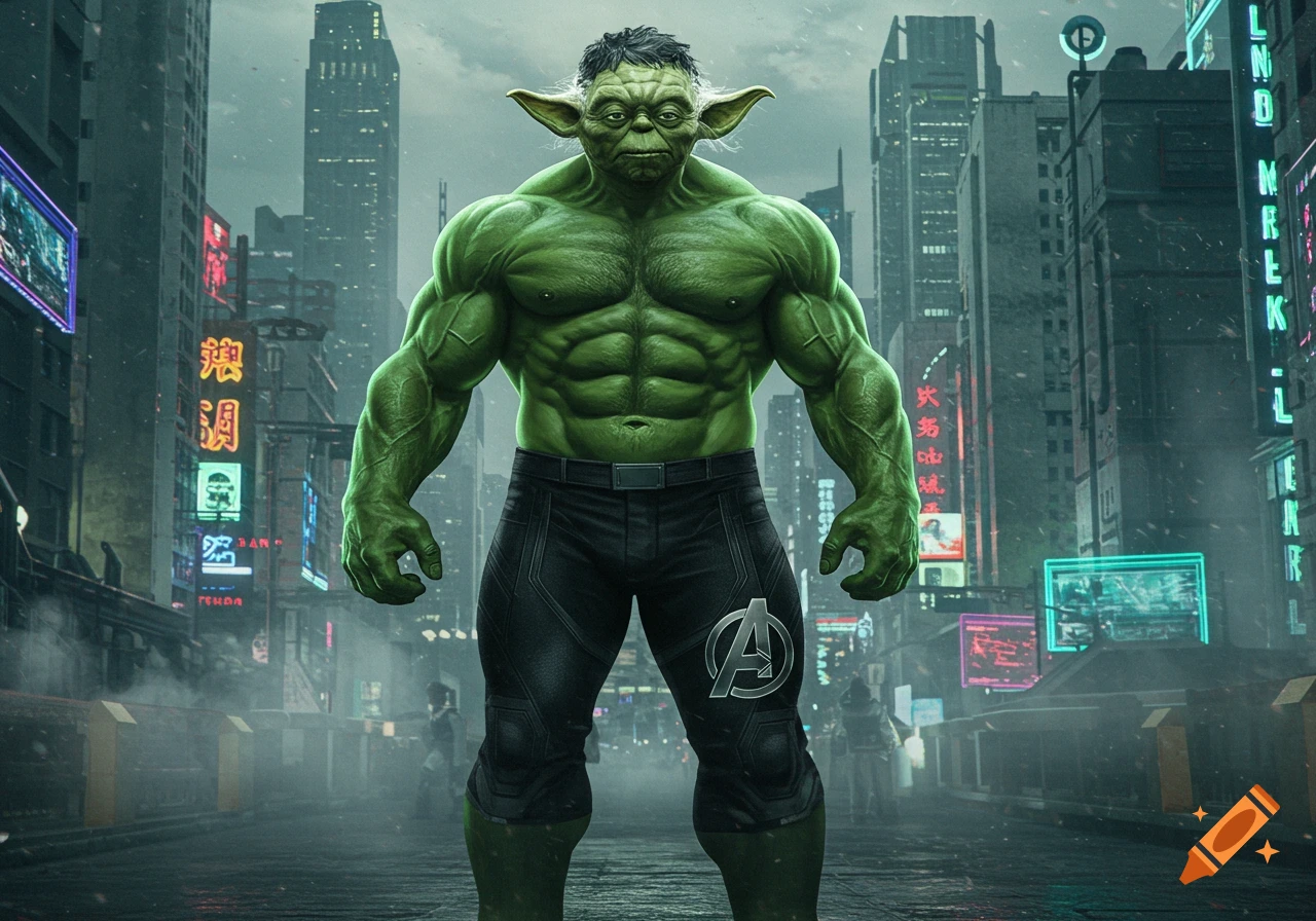 A muscular green creature with Yoda's head, wearing black pants with an Avengers logo, stands in a futuristic cyberpunk city.