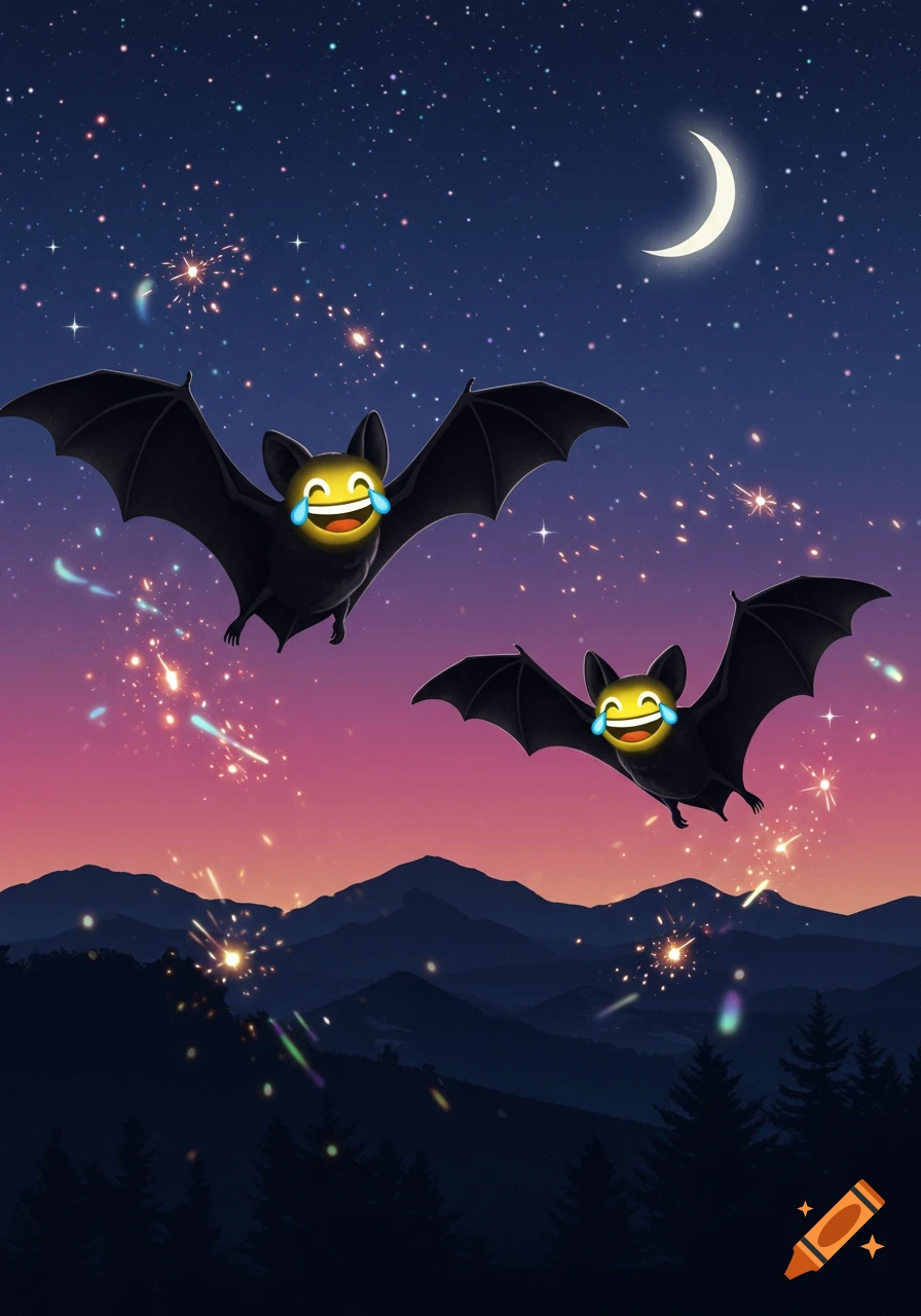 Two cartoon bats with laughing emoji faces fly across a starry night sky with a crescent moon and mountains.