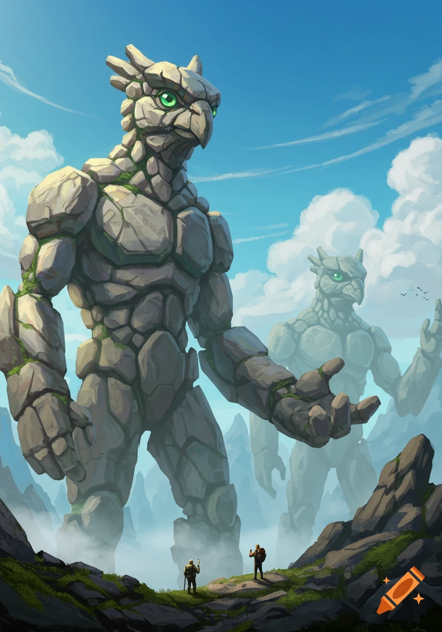 Two hikers look up at giant bird-like rock golems in a misty mountain landscape.