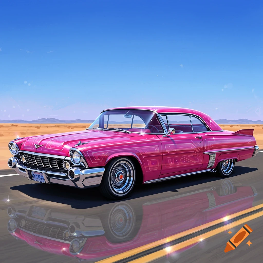 A vibrant candy hot pink lowrider car with intricate patterns, reflecting on a road in a desert under a clear blue sky.