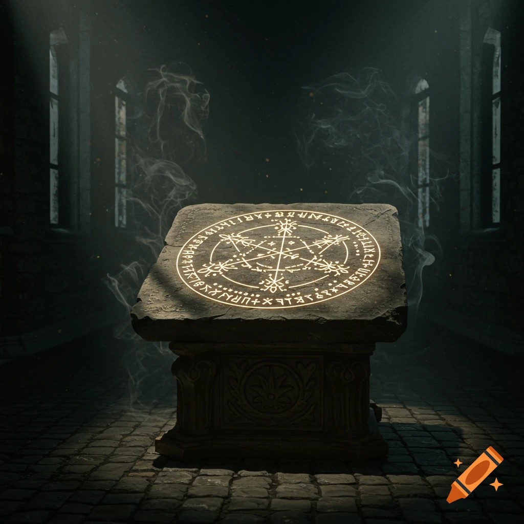A glowing sigil on a stone pedestal in a dark, atmospheric chamber with smoke and arched windows.