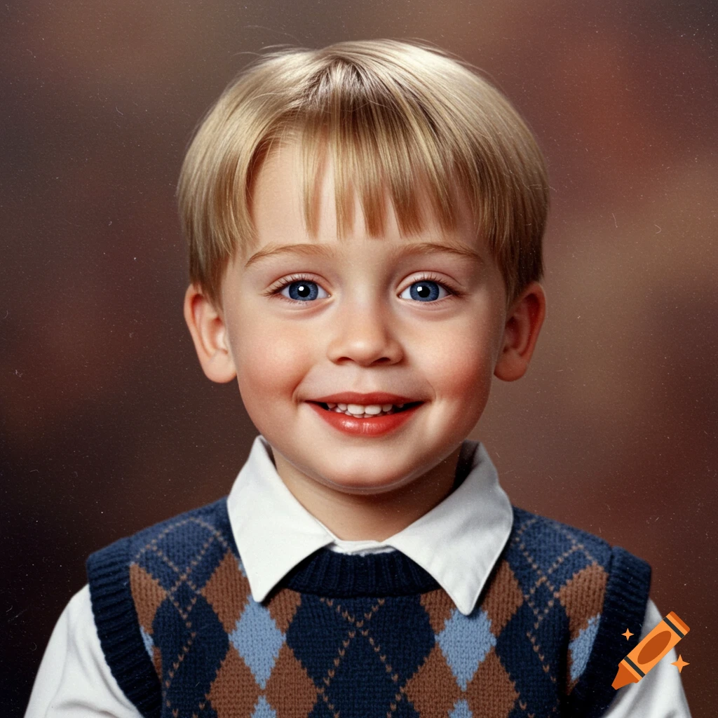 Photorealistic portrait of a smiling young boy with blond hair and blue eyes, wearing a white shirt and argyle sweater vest, like a school photo.