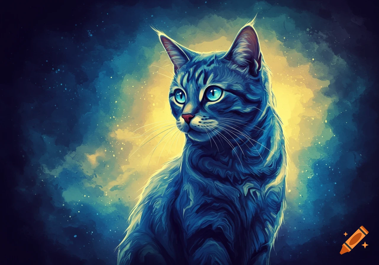 A stylized blue-gray striped cat with glowing blue eyes against a swirling yellow and blue nebula background.
