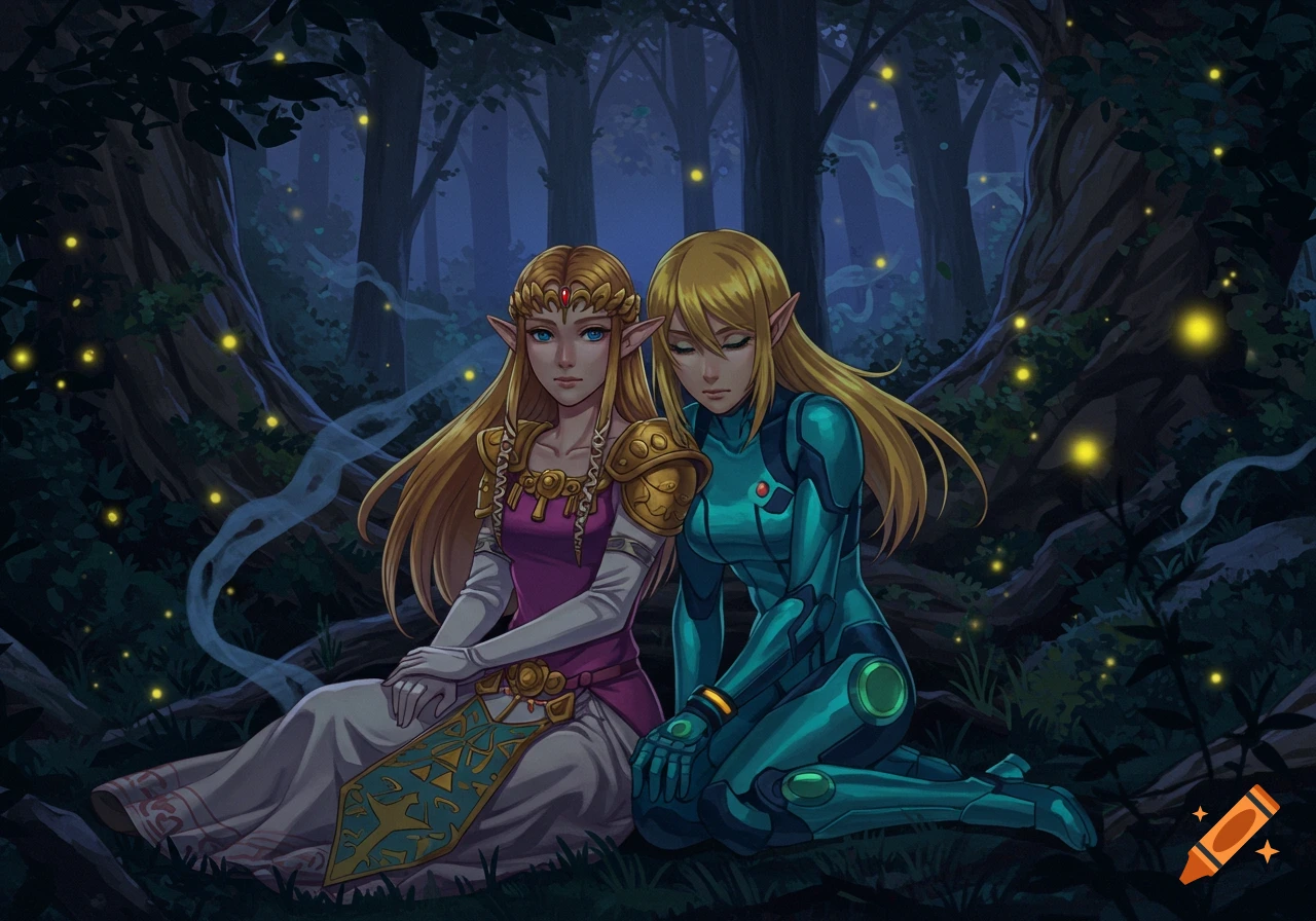 Anime drawing of Princess Zelda and Zero Suit Samus sitting closely in a dark, firefly-lit forest.