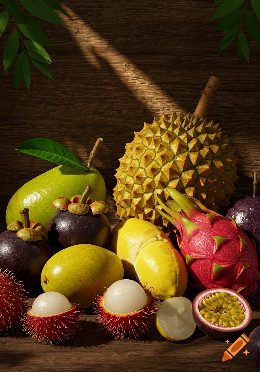 Tropical fruits including durian, dragon fruit, rambutan, mangosteen, and guava on a wooden surface.
