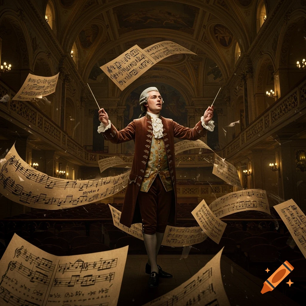 A man in 18th-century attire conducts an invisible orchestra in an opulent concert hall, surrounded by floating sheet music.