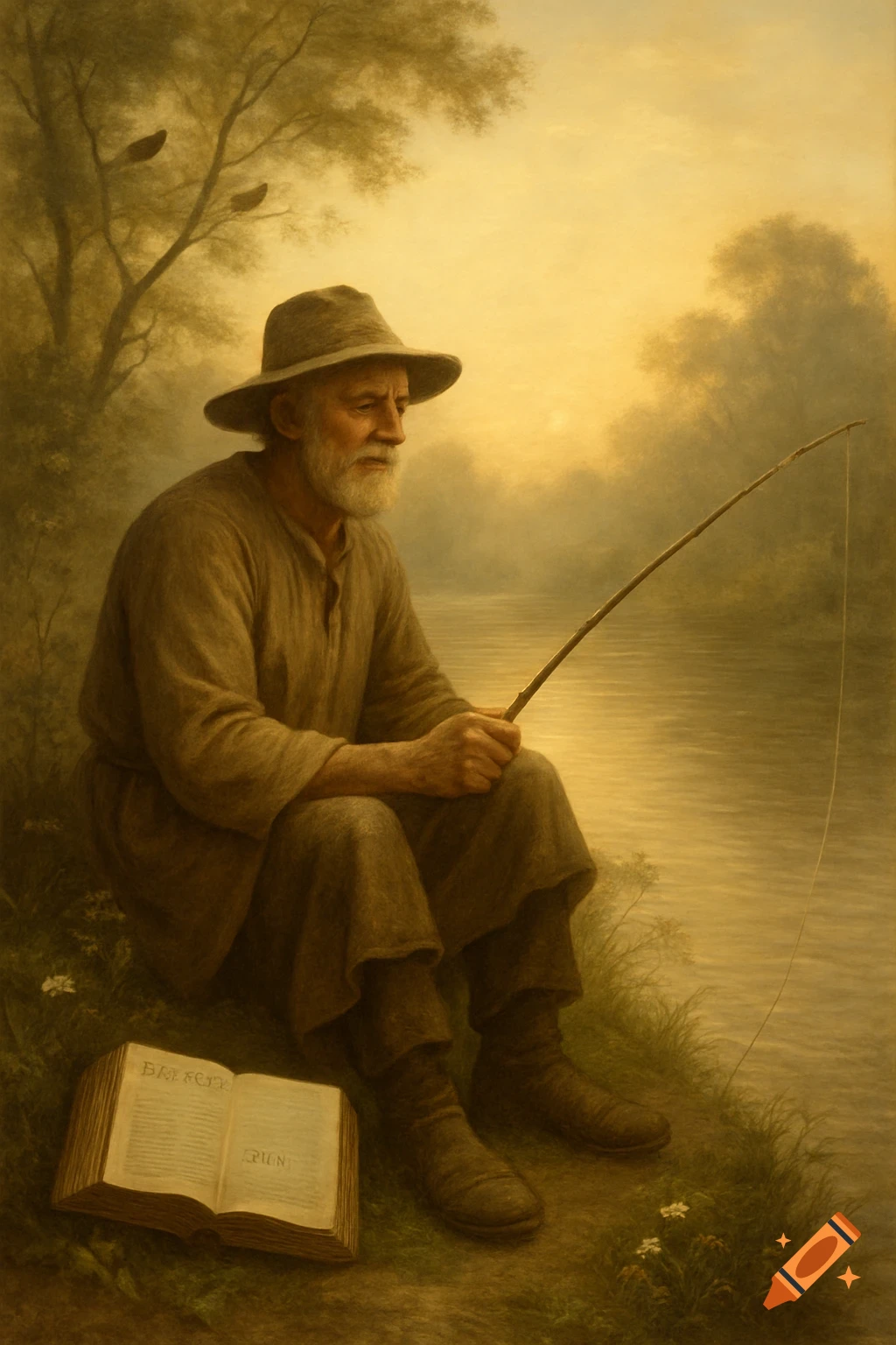 A painterly image of a bearded old man in a hat sitting by a river, holding a fishing rod, with an open book on the grass.