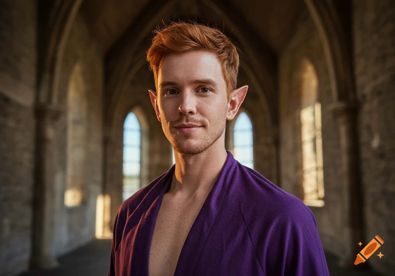 A young red-haired male elf with pointy ears and stubble, wearing a purple robe, stands in a stone tower with arched windows. Photorealistic.