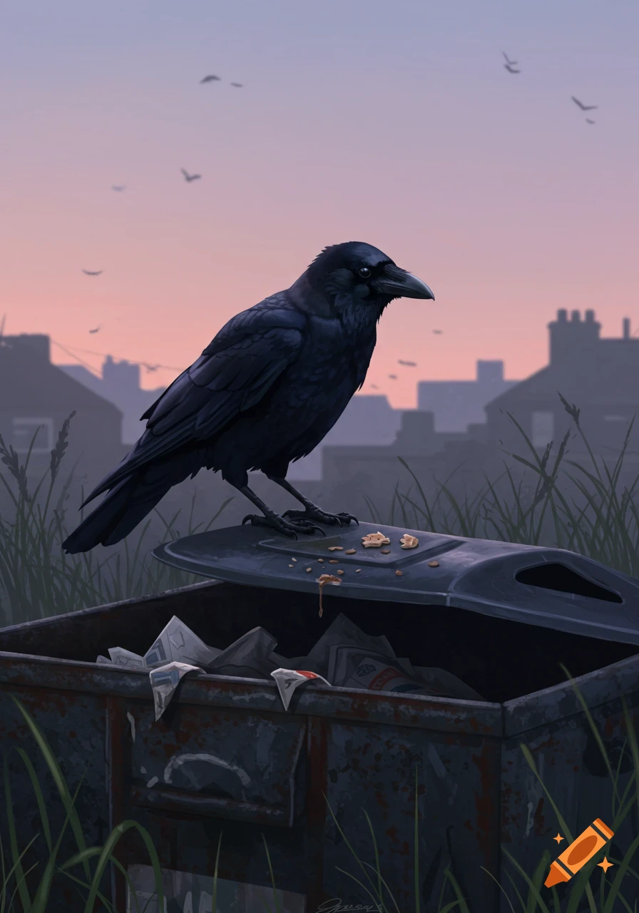 A stylized illustration depicts a black crow perched on a rusty, open trash bin filled with refuse, silhouetted against a hazy pink and blue sunrise sky over a city.