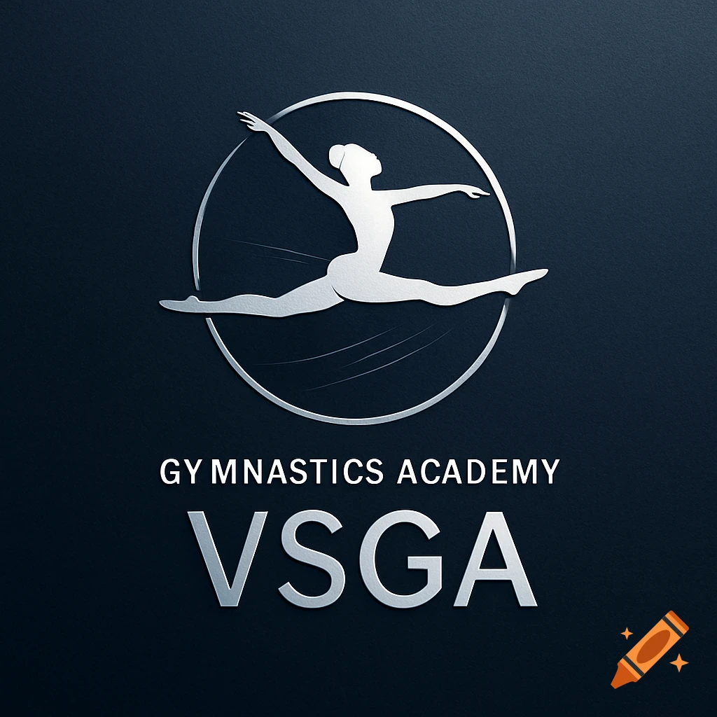 Silver logo for Gymnastics Academy VSGA featuring a gymnast silhouette in a split pose within a circular frame on a dark background.