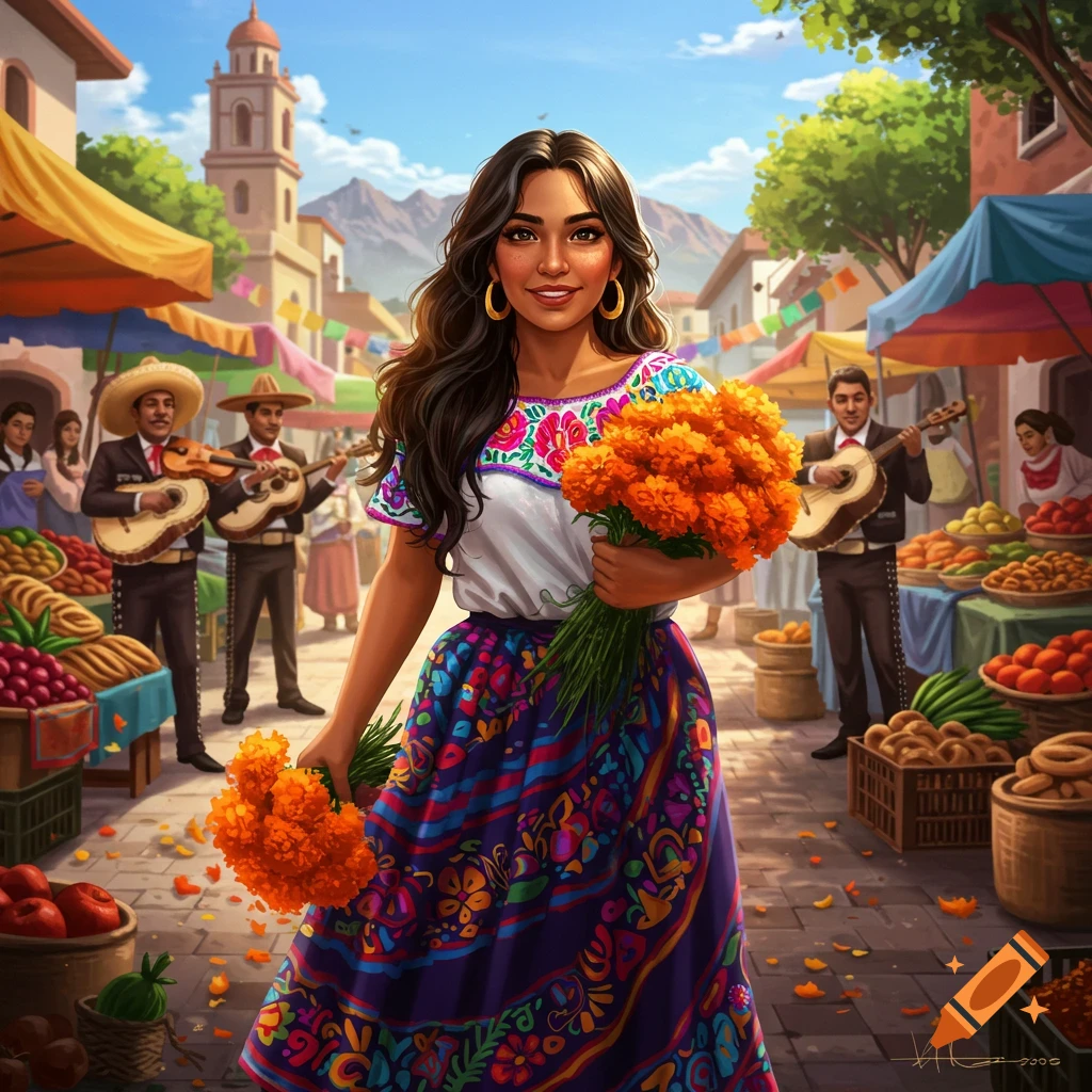 A vibrant illustration of a Latina woman in a colorful embroidered dress holding orange marigolds in a bustling street market with musicians.
