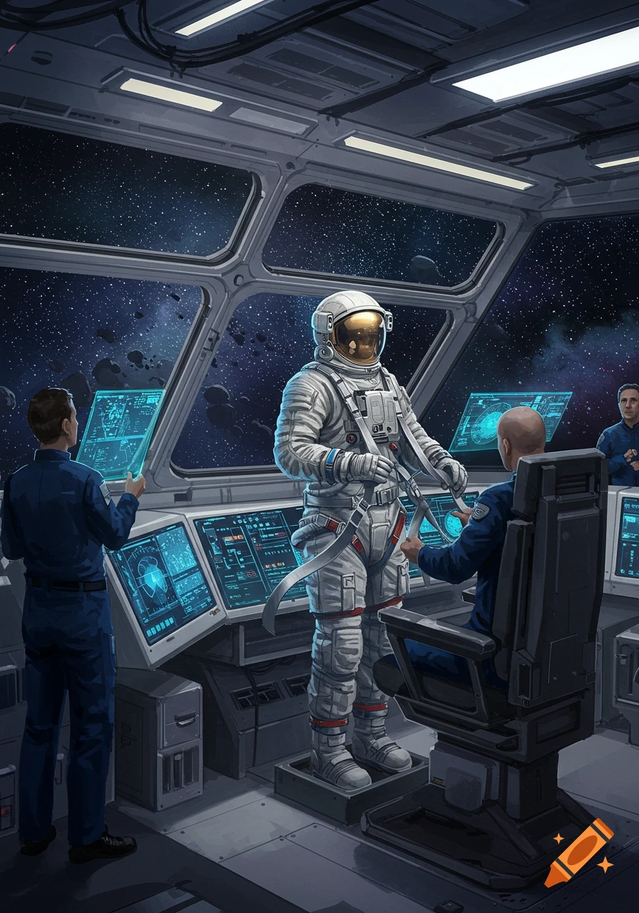 An astronaut in a white suit stands in a spaceship cockpit, surrounded by crew and futuristic control panels overlooking space.