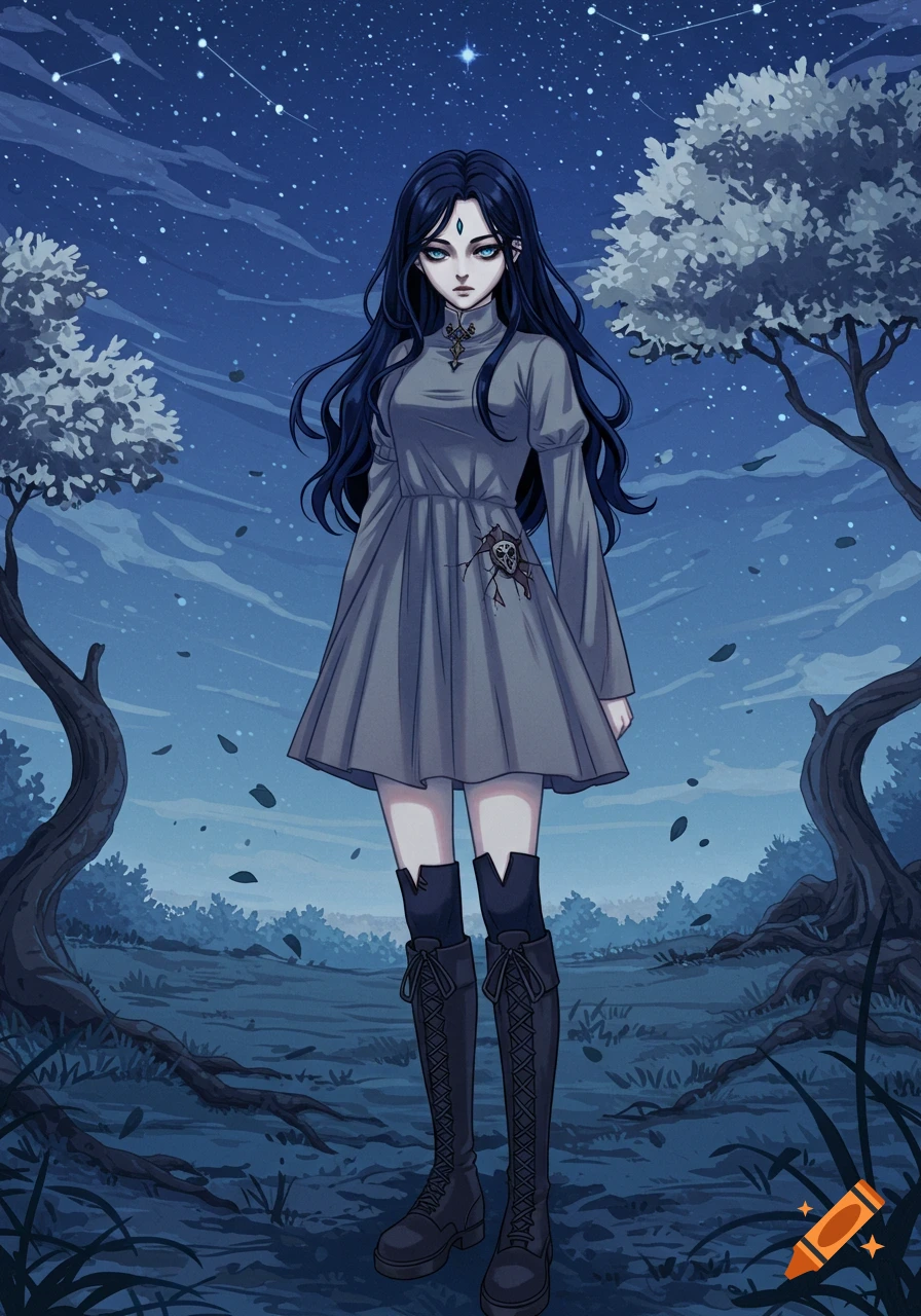 Anime-style woman with long black hair, blue eyes, and pale skin, wearing a grey dress and boots under a starry night sky with white trees.
