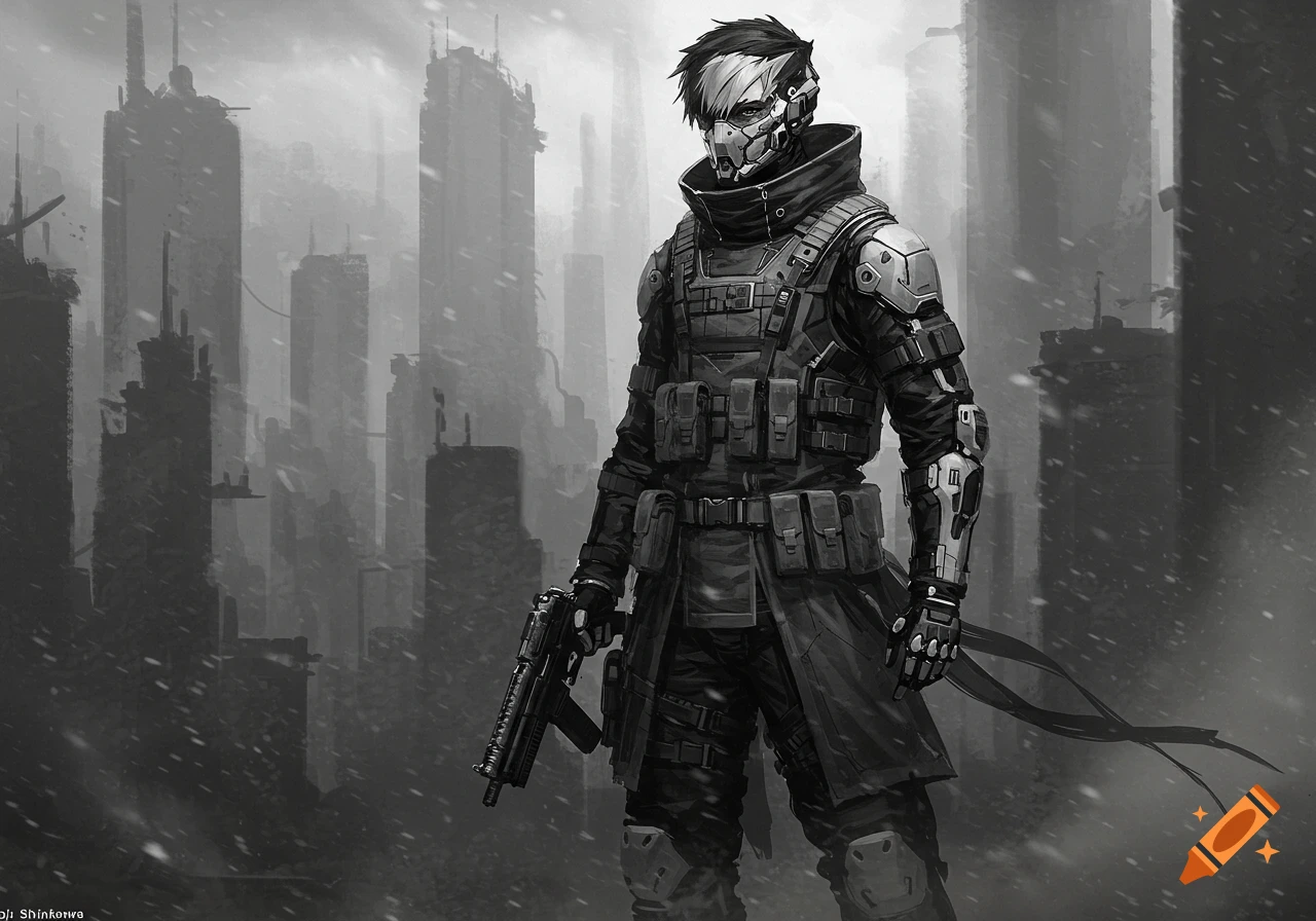 Monochrome digital art of a futuristic soldier in tactical gear, masked, holding a gun in a snowy, dystopian city.