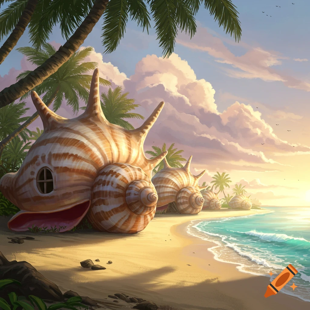 Vibrant illustration of a tropical beach at sunset with huts made from large conch shells, surrounded by palm trees and ocean waves.