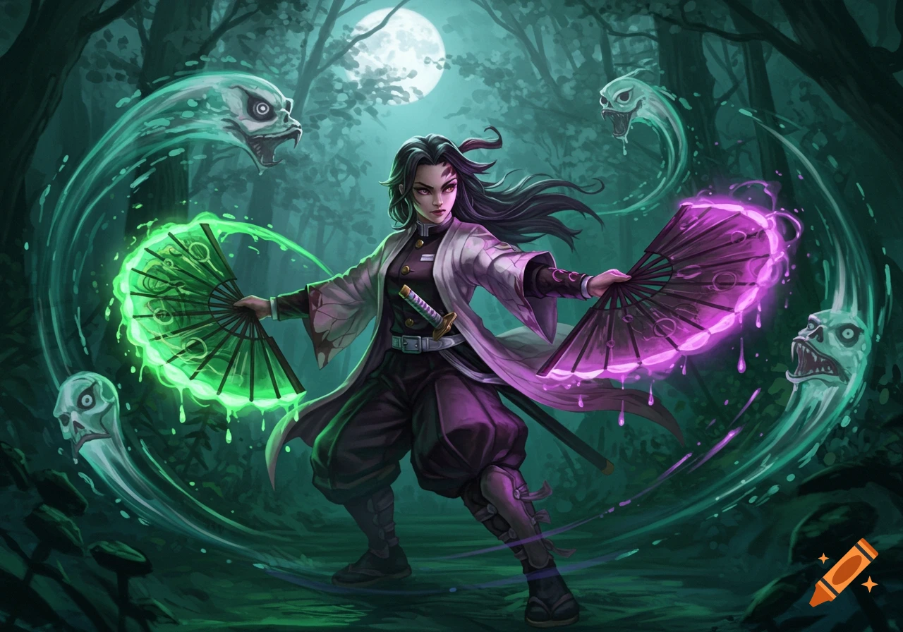 Anime fantasy art of a female warrior wielding glowing green and purple war fans in a dark, moonlit forest with ghostly spirits.