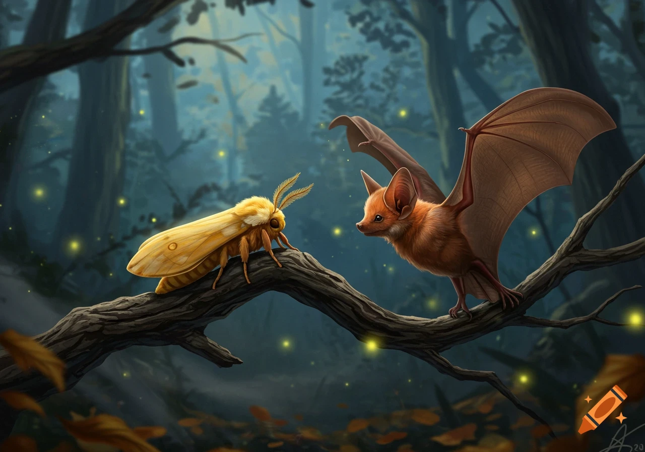 A fluffy yellow moth and a brown bat face each other on a branch in a magical forest with glowing fireflies, digital art.