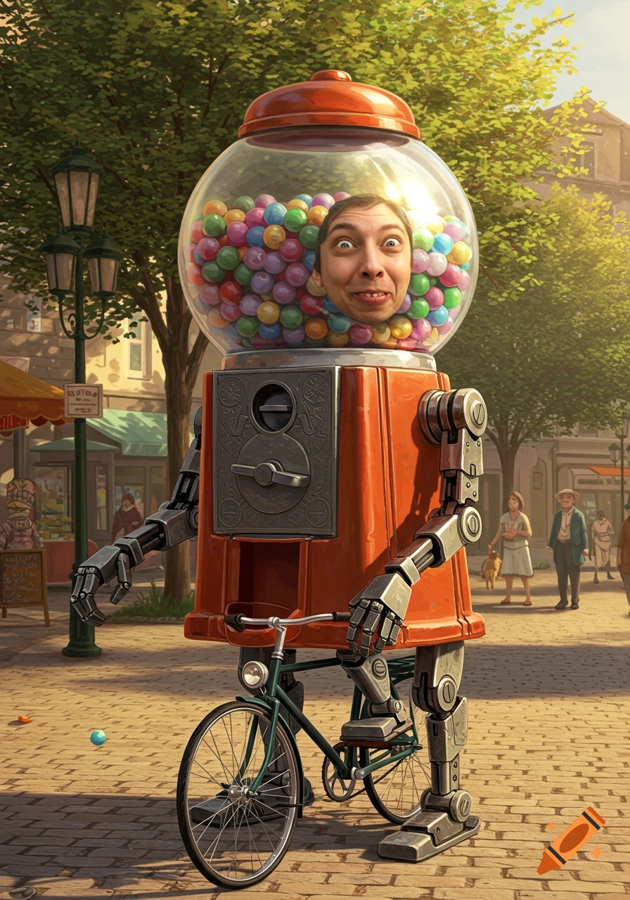 A surreal gumball machine with a human face, robot arms, and robot legs, rides a bicycle on a sunny street.